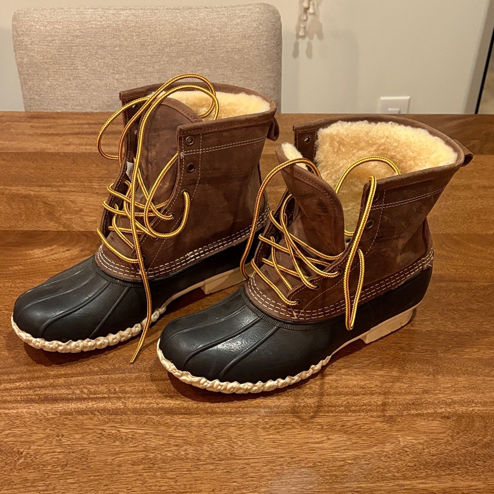 L.L. Bean Brown and Black Insulated Duck Boots with Shearling Lining